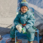 Habit de neige deux pièces bleu sarcelle et orange, enfant || Two-piece snowsuit with teal blue and orange color block, child