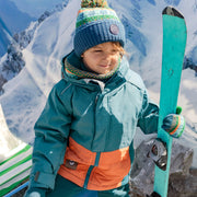 Tuque de maille bleue, verte, orange et turquoise à motifs avec pompon, enfant || Blue, green, orange and turquoise toque with print and pompom, child