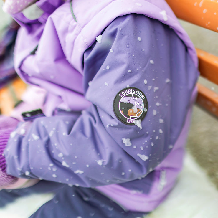 Habit de neige deux pièces mauve et bleu-mauve avec bloc de couleur rose, enfant || Two-piece purple and blue-purple snowsuit with pink color block, child