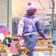 Tuque de maille mauve et crème à motifs avec pompon, enfant || Purple and cream and turquoise toque with print and pompon, child