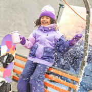 Habit de neige deux pièces mauve et bleu-mauve avec bloc de couleur rose, enfant || Two-piece purple and blue-purple snowsuit with pink color block, child