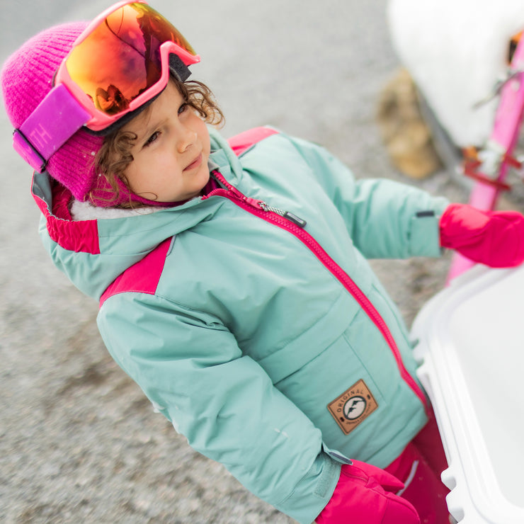 Turquoise and pink two-piece snowsuit, baby