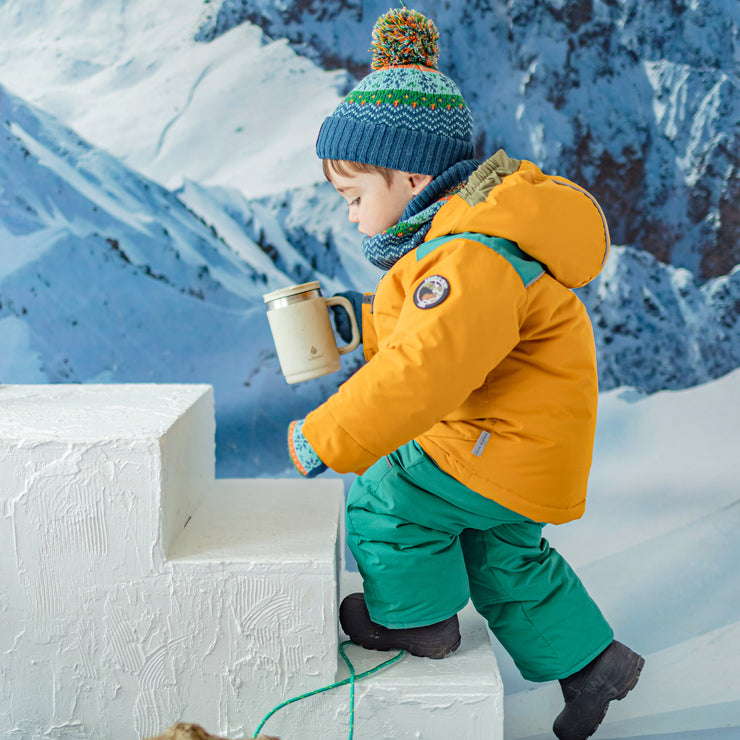 Turquoise and yellow two-piece snowsuit, baby