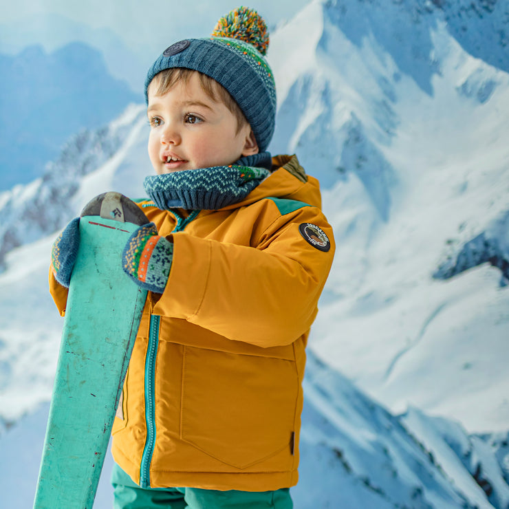 Turquoise and yellow two-piece snowsuit, baby