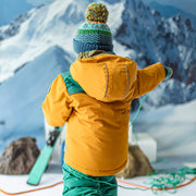 Blue, green, orange and turquoise toque with print and pompon, baby