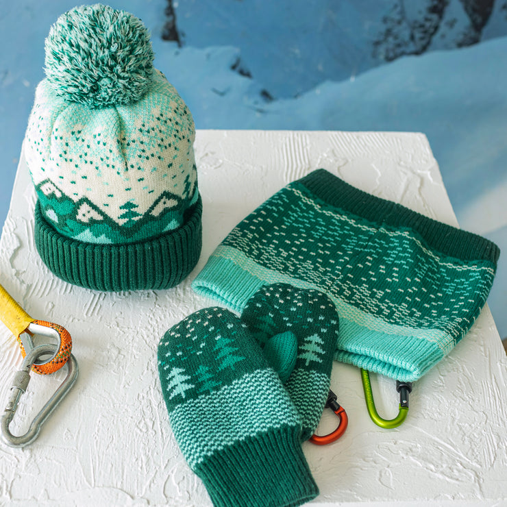 Cache-cou de maille turquoise à motifs, enfant || Turquoise patterned neck warmer, child