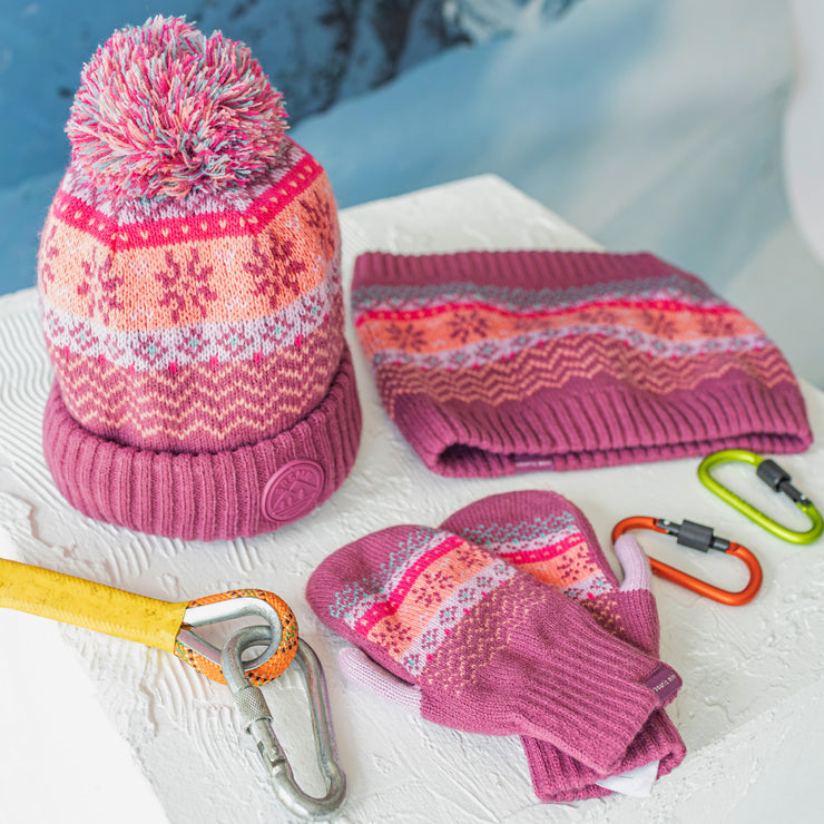 Tuque de maille rose, pêche et turquoise à motifs avec pompon, enfant || Pink, peach and turquoise toque with print and pompom, child