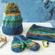 Mitaines bleues, vertes et orange à motifs en maille, enfant || Blue, green and orange knitted mittens with print and cord, child