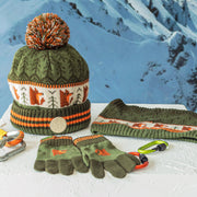 Tuque de maille verte et orange à motifs avec pompon, enfant || Green and orange and toque with print and pompon, child