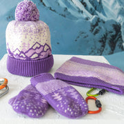 Tuque de maille mauve et crème à motifs avec pompon, enfant || Purple and cream and turquoise toque with print and pompon, child