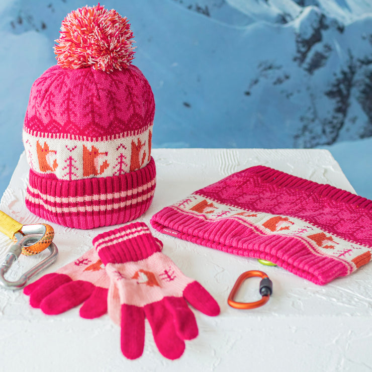 Gants roses et orange à motifs en maille, enfant || Pink and orange knitted gloves with print, child