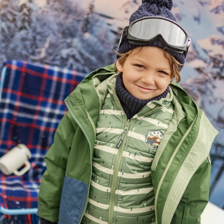 Habit de neige 3 en 1 vert et bleu denim, enfant || Snowsuit 3 in 1 with green and blue denim color block, child