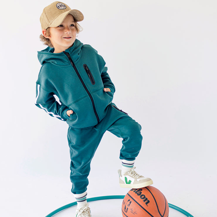 Pantalon turquoise de coupe décontractée en jersey double-face, enfant || Relaxed fit teal turquoise pants in double-faced jersey, child