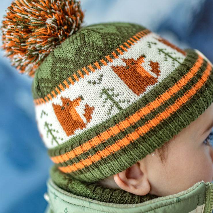 Green and orange  toque with print and pompon, baby