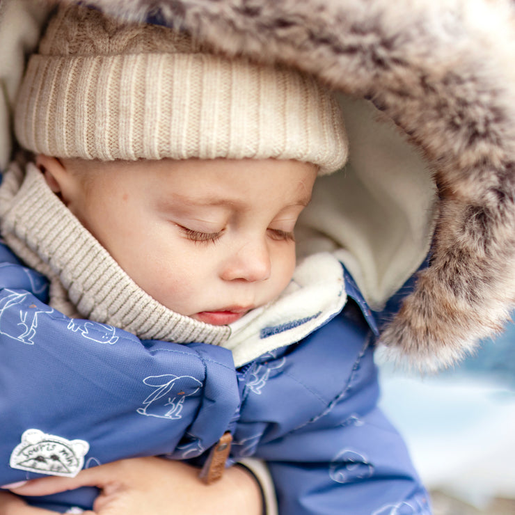 Habit de neige une-pièce bleu à motifs, naissance || One-piece blue snowsuit with print, newborn