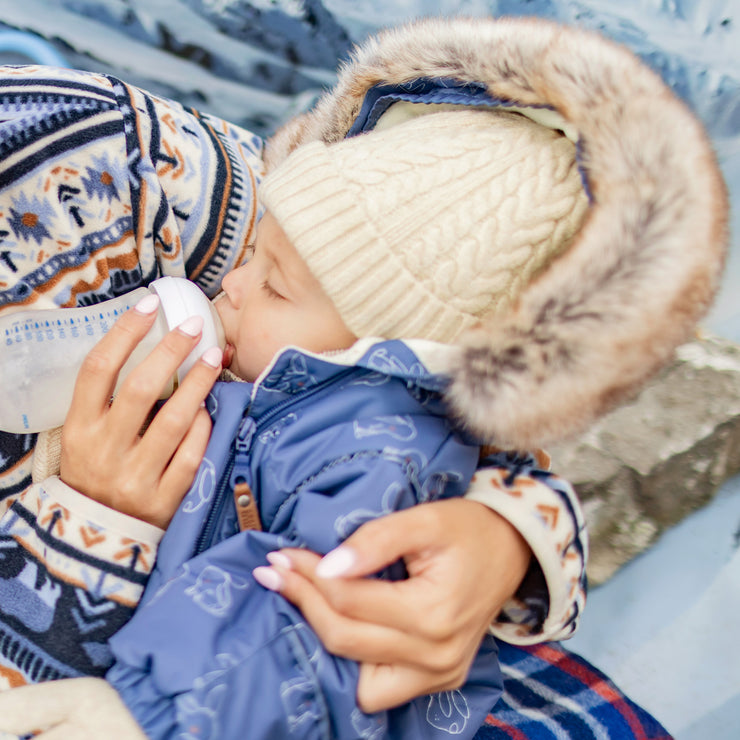 Habit de neige une-pièce bleu à motifs, naissance || One-piece blue snowsuit with print, newborn