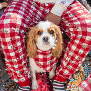 Foulard réversible crème et rouge pour animaux en jersey à motifs des fêtes et carreaux|| Reversible cream and red animal scarf in jersey with holiday all over print and plaid