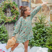 Robe de nuit des fêtes verte en polyester brossé à motifs de ballerines, enfant || Green holiday nightdress in brushed polyester with ballerina all over print, child