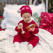 Bonnet rouge en maille torsadée avec pompon, naissance || Red hat in twisted knit with pompom, newborn