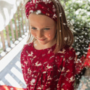 Bandeau rouge à motifs des fêtes avec noeud, enfant || Red holiday twisted headband, child