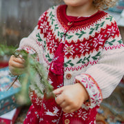 Cardigan de maille crème et rouge à motifs des fêtes, bébé || Cream and red knit cardigan with holiday all over print, baby