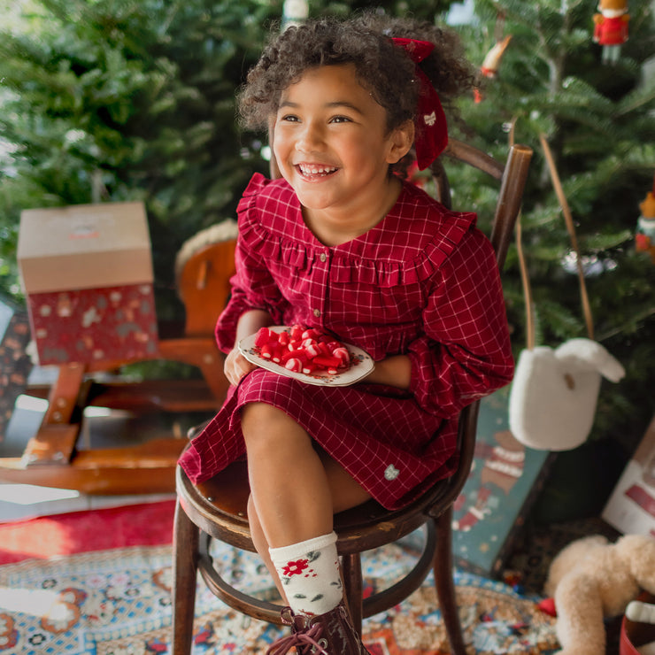 Robe rouge et blanche à carreaux en flannelle brossée, enfant  || Red and white plaid dress in brushed flannel, child