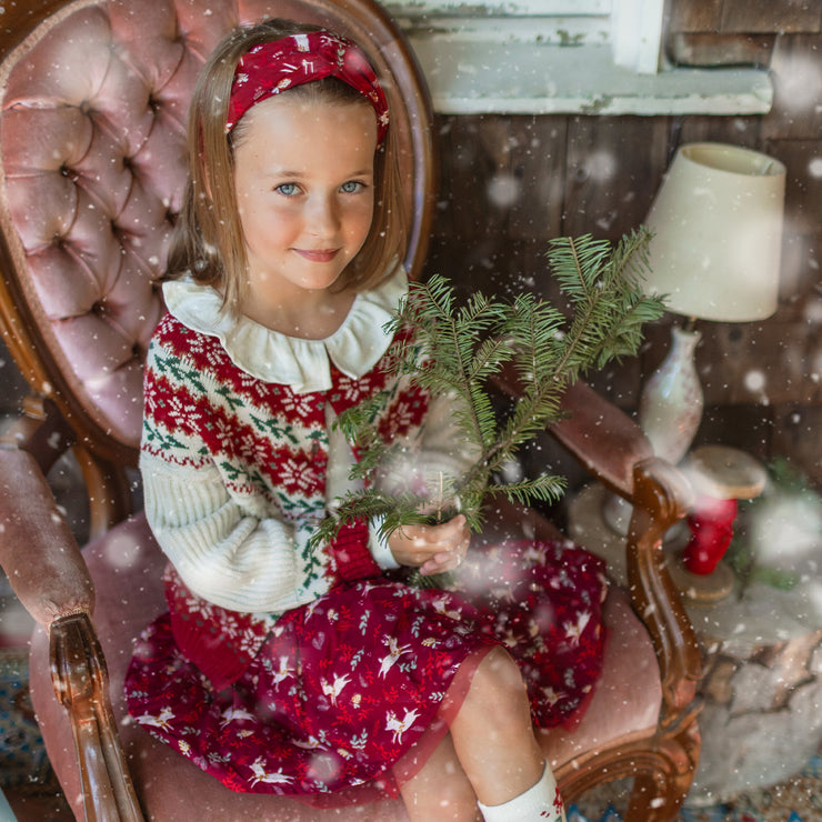 Jupe courte rouge avec motifs de rennes en viscose, enfant || Red short skirt with reindeer all over print in viscose, child