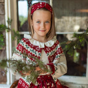 Cardigan de maille crème et rouge à motifs des fêtes, enfant || Cream and red knit cardigan with holiday all over print, child