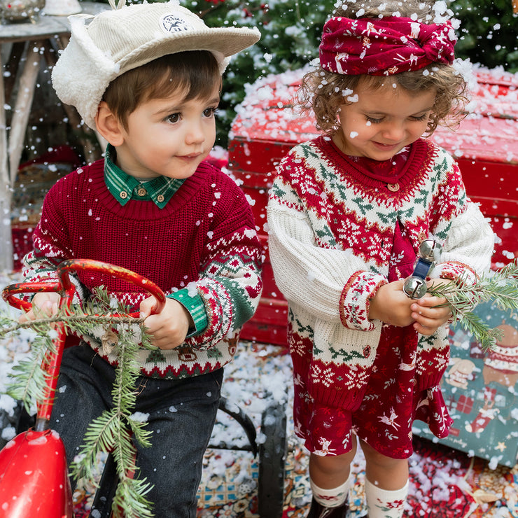 Red dress with ruffles and reindeer print in viscose, baby