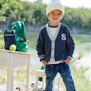 Veste de maille marine-gris effet bas de laine, enfant || Navy gray knitted vest relax fit with wool socks effect, child