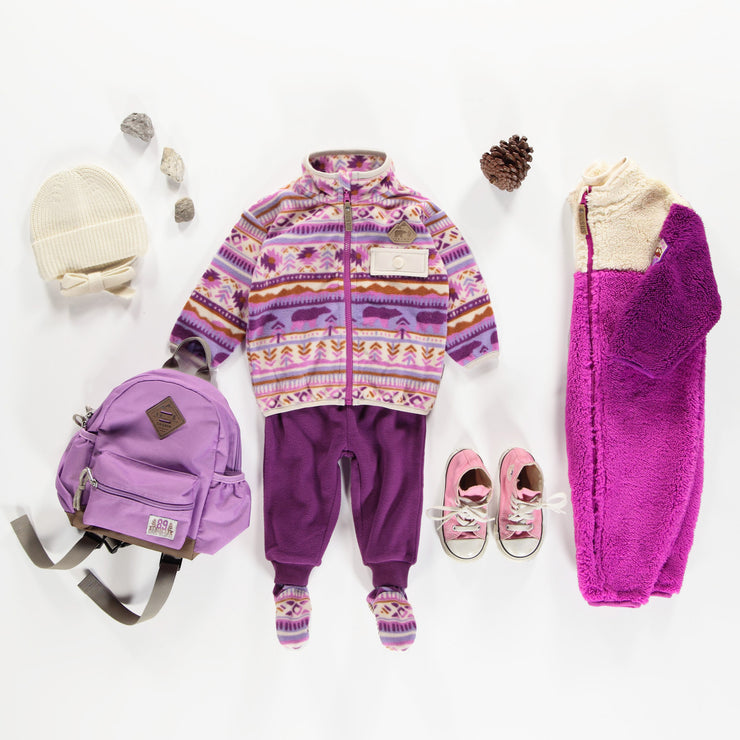 Veste en polar mauve à motifs hivernaux, bébé || Purple patterned vest in fleece, baby