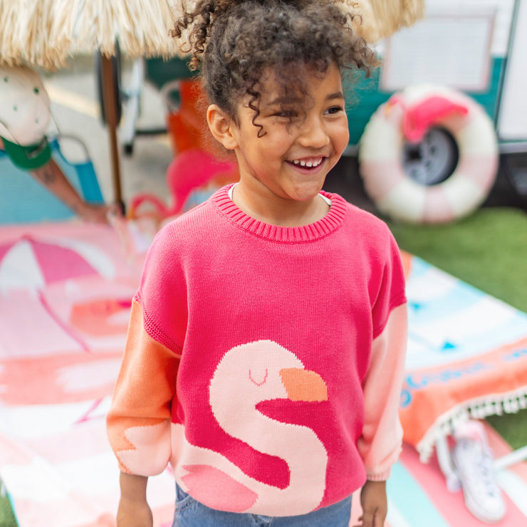 Chandail rose en tricot avec flamant surdimensionné, enfant || Pink knit sweater with oversized flamingo, child