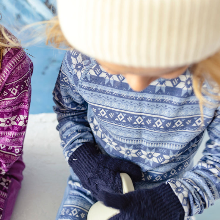 Chandail bleu à motifs en laine mérinos, enfant || Blue sweater with all over print in merino wool, child