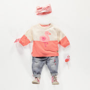 Cream and pink knit sweater with oversized flamingo, baby