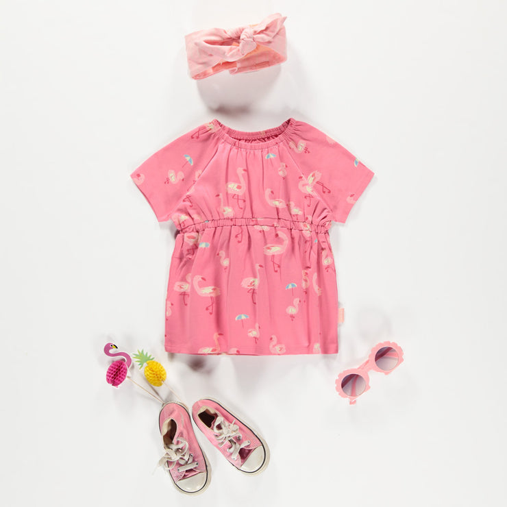 Pink dress in stretch jersey with flamingo all over print, baby