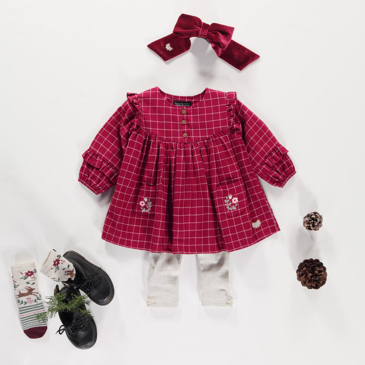 Robe rouge et blanche à carreaux en flanelle brossée, bébé || Red and white plaid dress in brushed flannel, baby