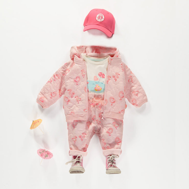 Pink hooded vest in quilted jersey with flamingo all over print, baby