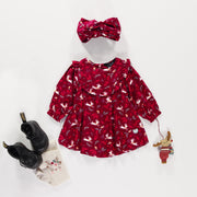 Red dress with ruffles and reindeer print in viscose, baby