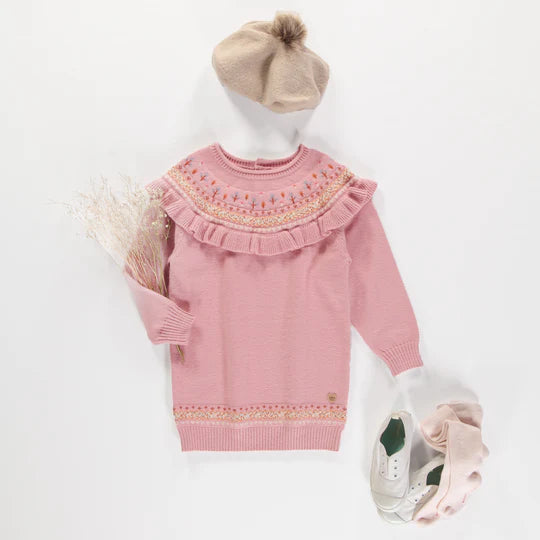 Robe de maille rose à manches longues avec motif jacquard fleuri, enfant || Long-sleeved pink knit dress with floral jacquard pattern, child