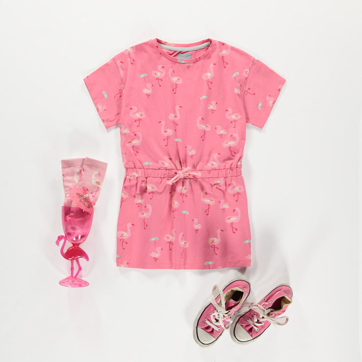 Robe rose en jersey extensible à motifs de flamants, enfant || Pink dress in stretch jersey with flamingo all-over print, child