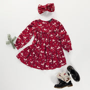 Robe rouge avec volant et motifs de rennes en viscose, enfant || Red dress with ruffle and reindeer all over print in viscose, child