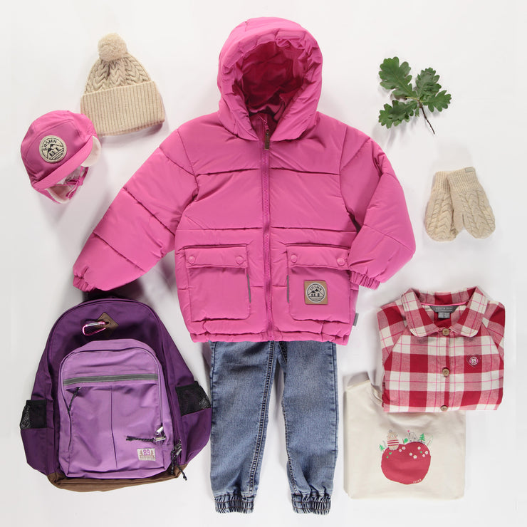 Manteau doudoune rose à col montant avec capuchon en nylon, enfant || Pink puffer coat with high collar and hood in nylon, child