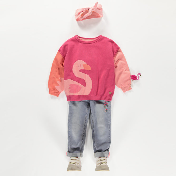 Chandail rose en tricot avec flamant surdimensionné, enfant || Pink knit sweater with oversized flamingo, child