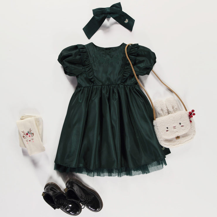 Robe émeraude en taffetas et tulle avec volants, enfant || Emerald dress in taffeta and tulle with ruffles, child