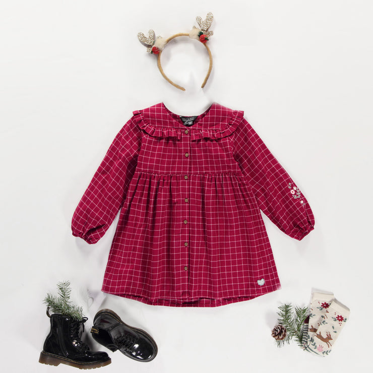 Robe rouge et blanche à carreaux en flannelle brossée, enfant  || Red and white plaid dress in brushed flannel, child