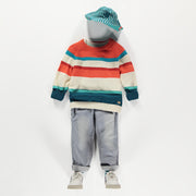 Chandail crème, orange et turquoise en tricot à rayures irrégulières, enfant || Cream, orange and turquoise knit sweater with irregular stripes, child