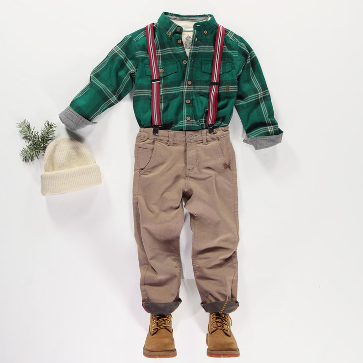 Chemise verte à carreaux en flanelle brossée, enfant || Plaid green shirt in brushed flannel, child