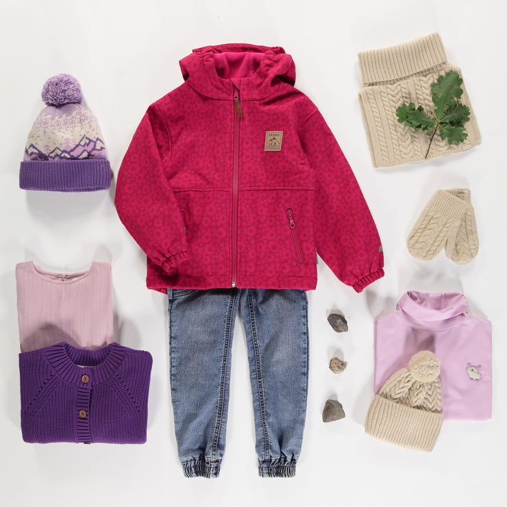 Manteau fuchsia à capuchon en coquille souple, enfant || Fuchsia hooded coat in soft shell, child