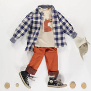 Chemise à carreaux bleu acier et crème en douce flanelle, enfant || Steel blue and cream plaid shirt in soft flannel, child