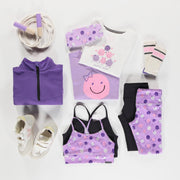 Camisole de sport lilas avec bretelles croisées en tissu extensible, enfant || Lilac sports tank top with thin crossed straps in stretch fabric, child